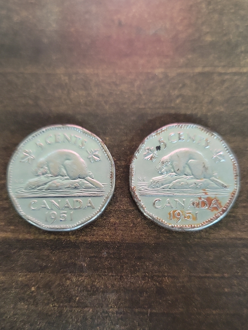 Vintage 1951 Canada 5 Cent Nickel Coins -Silver-Toned Pair